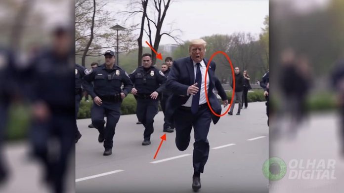 Imagem falsa de Donald Trump correndo da polícia na rua