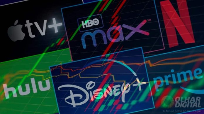 Logomarcas de serviços de streaming sobrepostas por linhas de queda de ações financeiras