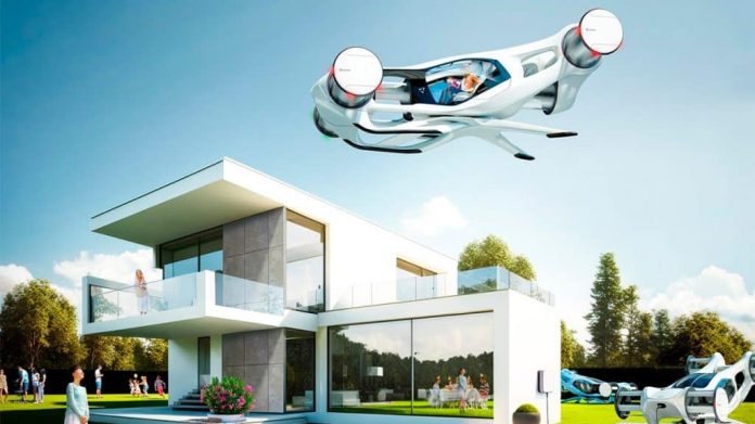 Ilustração de carro voador CruiseUp da CycloTech sobre vizinhança
