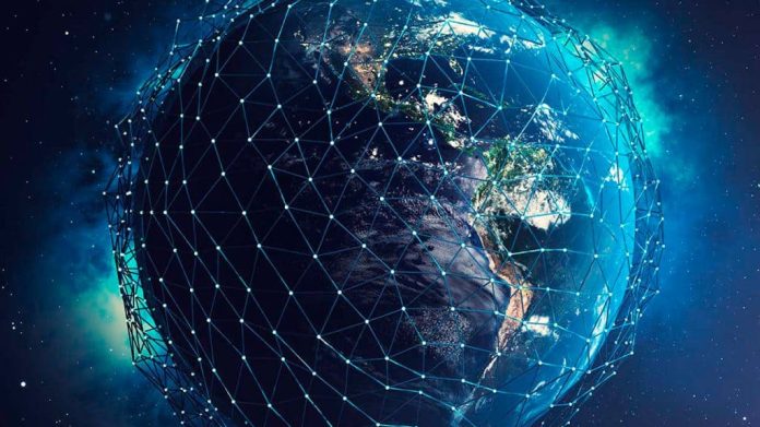 Ilustração da Terra com linhas de conexão de internet