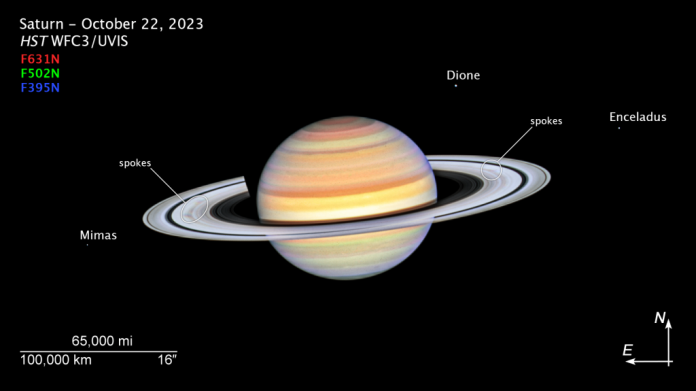 Hubble registra raios misteriosos nos anéis de Saturno