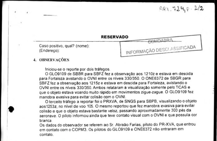 Documento da FAB relata avistamento de Ovni por pilotos