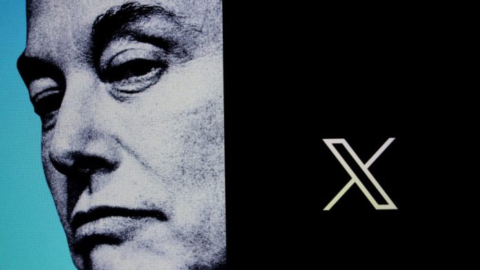 Rosto de Elon Musk ao lado do logo do X