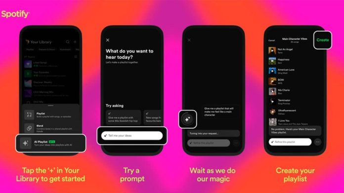 Montagem com capturas de tela da nova função AI Playlist do Spotify