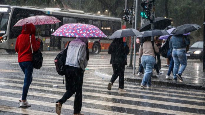 Pessoas atravessando avenida segurando guarda-chuva em dia chuvoso