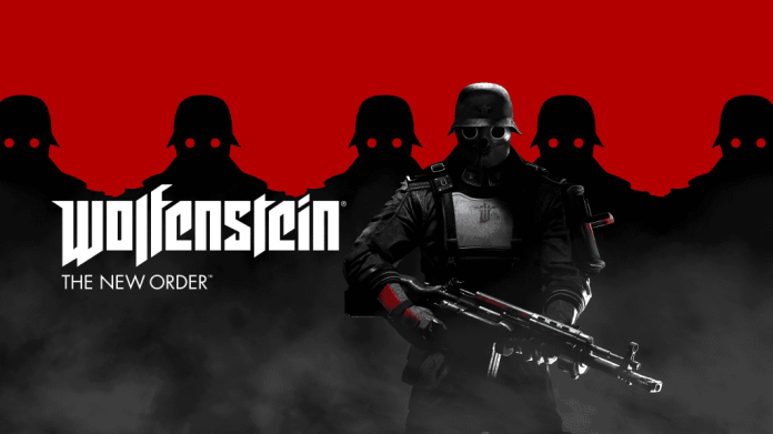 Imagem mostra a capa do jogo "Wolfenstein: The New Order". Nela, há um fundo vermelho intenso, com vários soldados armados na frente e todos na cor preta