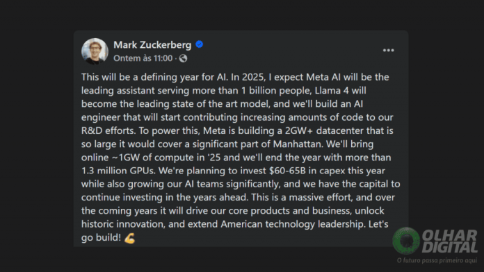 print de uma postagem da página oficial de Mark Zuckerberg no facebook, onde ele declara que a meta irá investir mais de US$ 60 bilhões em IA