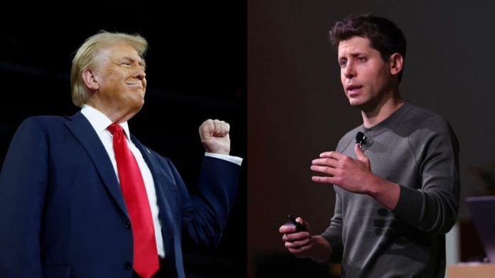 Montagem com fotos de Donald Trump, presidente dos EUA, e Sam Altman, CEO da OpenAI