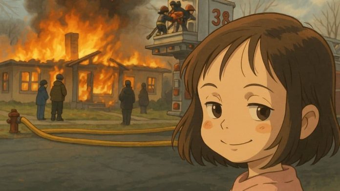 Imagem gerada pelo ChatGPT no estilo Studio Ghibli de foto de menina olhando para a câmera enquanto uma casa pega fogo ao fundo