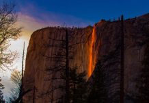 Fenômeno faz a queda d'água "Horsetail Fall" parecer como uma cachoeira de lava, no Parque Nacional Yosemite, nos Estados Unidos