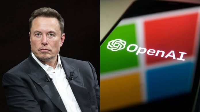 Imagem mostra Elon Musk ao lado de um celular com o símbolo da OpenAI e da Microsoft