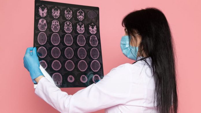 Jovem de terno médico branco azul luvas azul máscara protetora com estetoscópio na rosa
