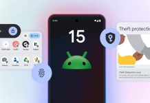 Ilustração de celular com símbolo do Android 15 na tela rodeado dos novos recursos do sistema operacional