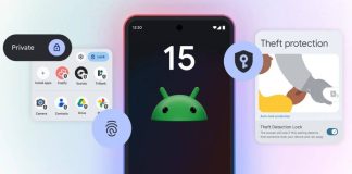 Ilustração de celular com símbolo do Android 15 na tela rodeado dos novos recursos do sistema operacional