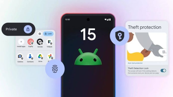 Ilustração de celular com símbolo do Android 15 na tela rodeado dos novos recursos do sistema operacional
