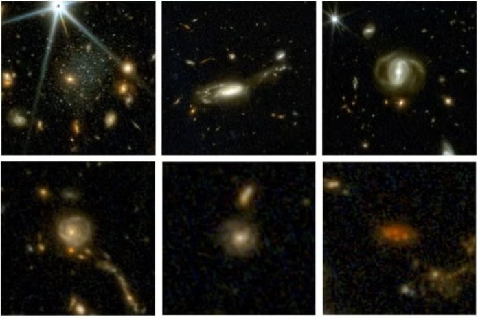 Seleção de seis imagens de galáxias captadas pelo JWST. Do canto superior esquerdo para o canto inferior direito: o Universo atual e corpos galácticos de 3, 4, 8, 9 e 10 bilhões de anos atrás.