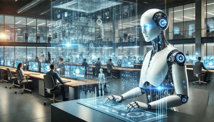 imagem feita por inteligência artificial mostra um robô trabalhando em um emprego