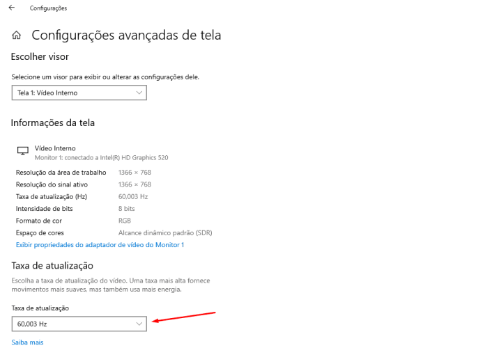 Captura de tela mostra o local onde fica a taxa de atualização no PC