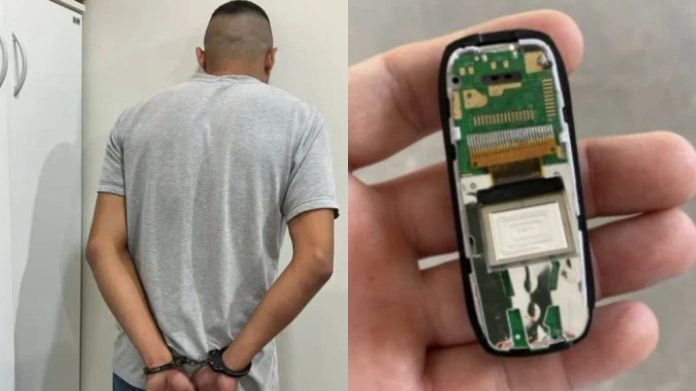 Montagem com fotos de criminoso membro de quadrilha e parte de trás de minicelular usado em concurso; aparelho está sem a tampa, com a parte interior exposta