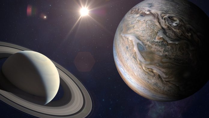 Ilustração digital do planeta Saturno ao lado de Júpiter