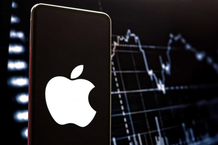 Logo da Apple com gráfico ao fundo
