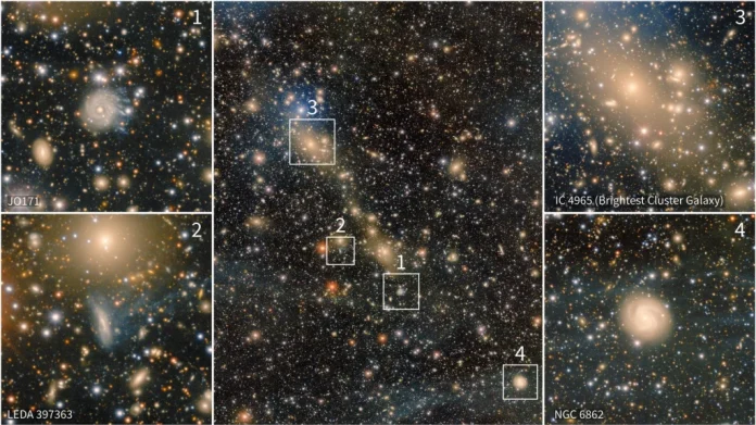 Com a Câmera de Energia Escura, pesquisadores captaram as galáxias IC 4965 e JO171 disputando um "cabo de guerra" com estrelas a 700 milhões de anos-luz da Terra.