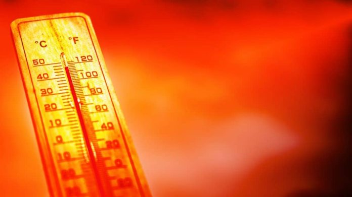 Ilustração digital com termômetro marcando temperatura alta em dia vermelho