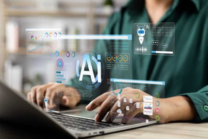 Mulher digitando em um notebook com os dizeres "IA" projetado