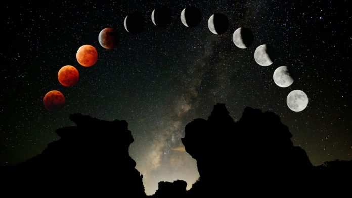 Imagem panorâmica do eclipse lunar total da Superlua de Sangue registrada em Taiwan