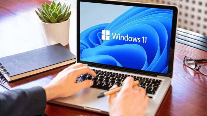 Homem utilizando um notebook com Windows 11 em uma mesa de madeira