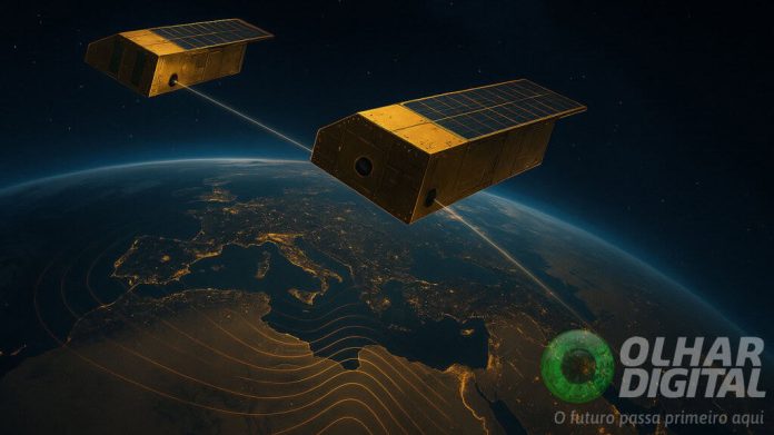 Ilustração de satélites captando sinal gravitacional na Terra