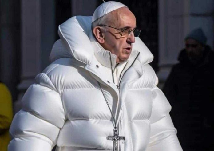 imagem mostra papa francisco vestindo um casaco fashion passeando pelas ruas da cidade