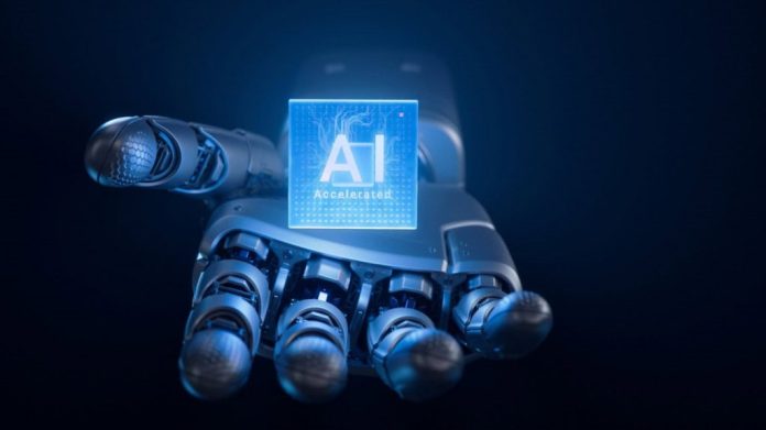 Mão de robô com uma projeção das letras A e I em cima